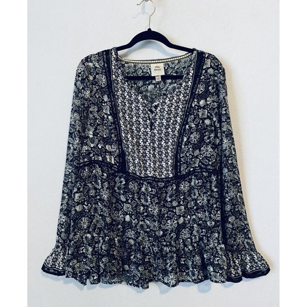 Knox Rose Top Womens XXL Floral Ruffle Hem Crochet Trim Gold Metallic Boho